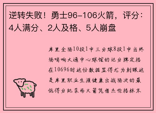 逆转失败！勇士96-106火箭，评分：4人满分、2人及格、5人崩盘