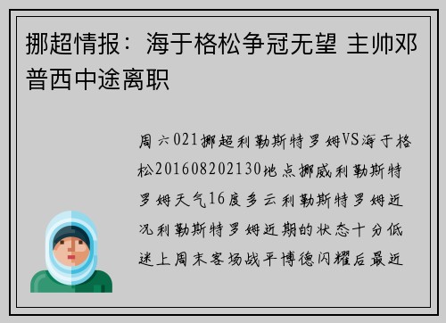 挪超情报：海于格松争冠无望 主帅邓普西中途离职